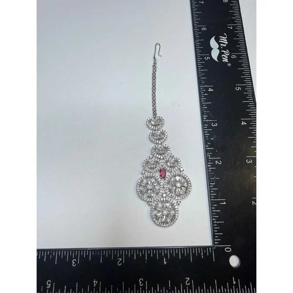 Silver Tone Maang Tikka Headpiece Cubic Zirconia Red Stone Indian Bridal Jewelry